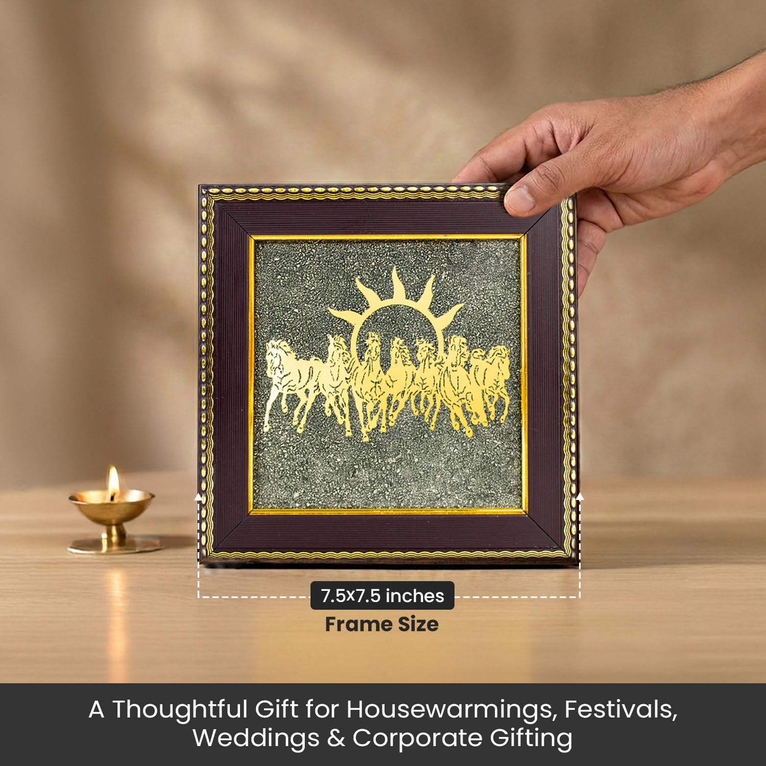 Astrotalk 7 Horses on Raw Pyrite Frame | Seven Horses Wall Decor Pyrite Stone Frame for Success & Fame | Vastu Items for Money Attraction | Wall Decor | Ideal Gift | 19x19x1 cm | 1 Piece