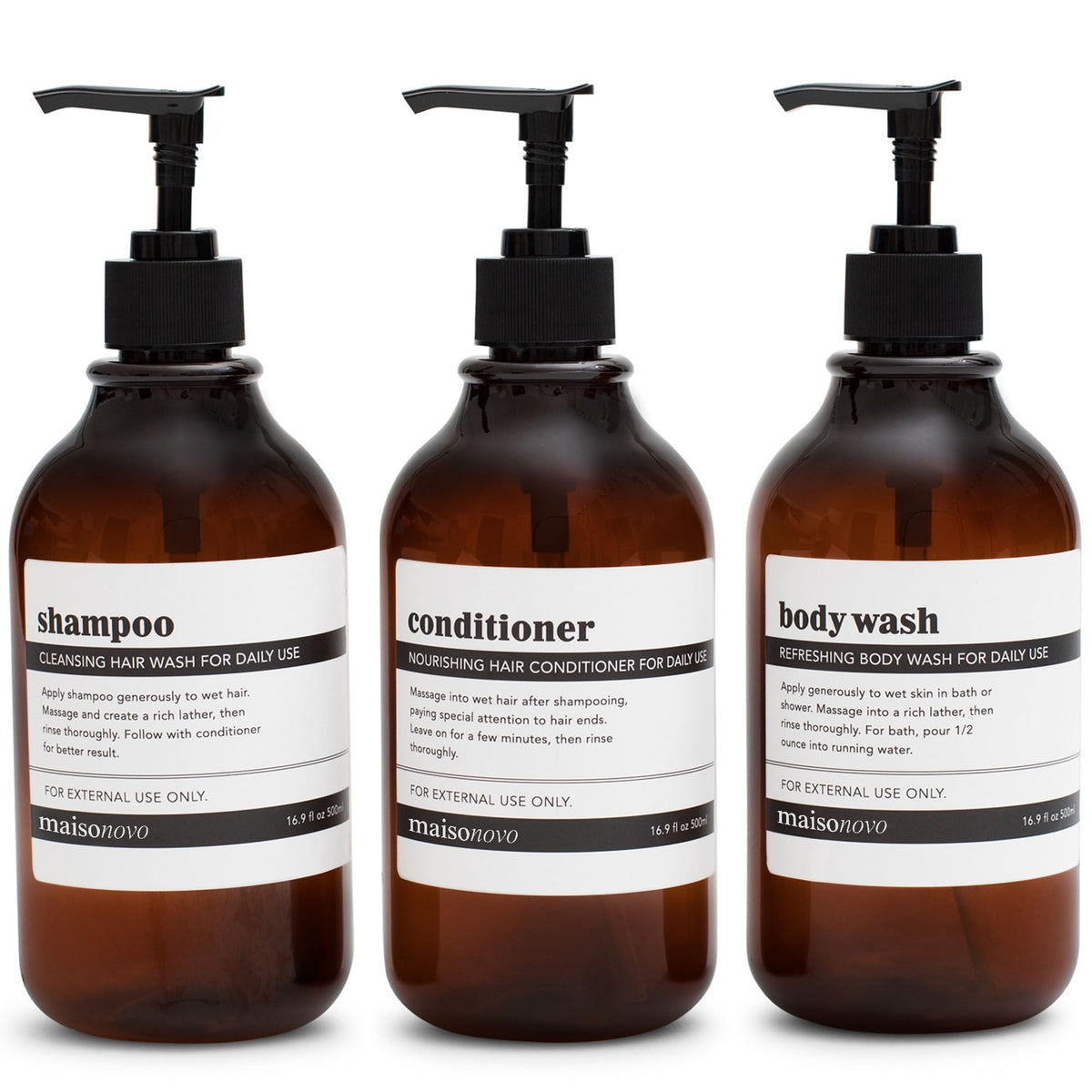 Maisonovo Refillable Shampoo And Conditioner Bottles | Set Of 3 Amber Plastic Bottles Black Pumps
