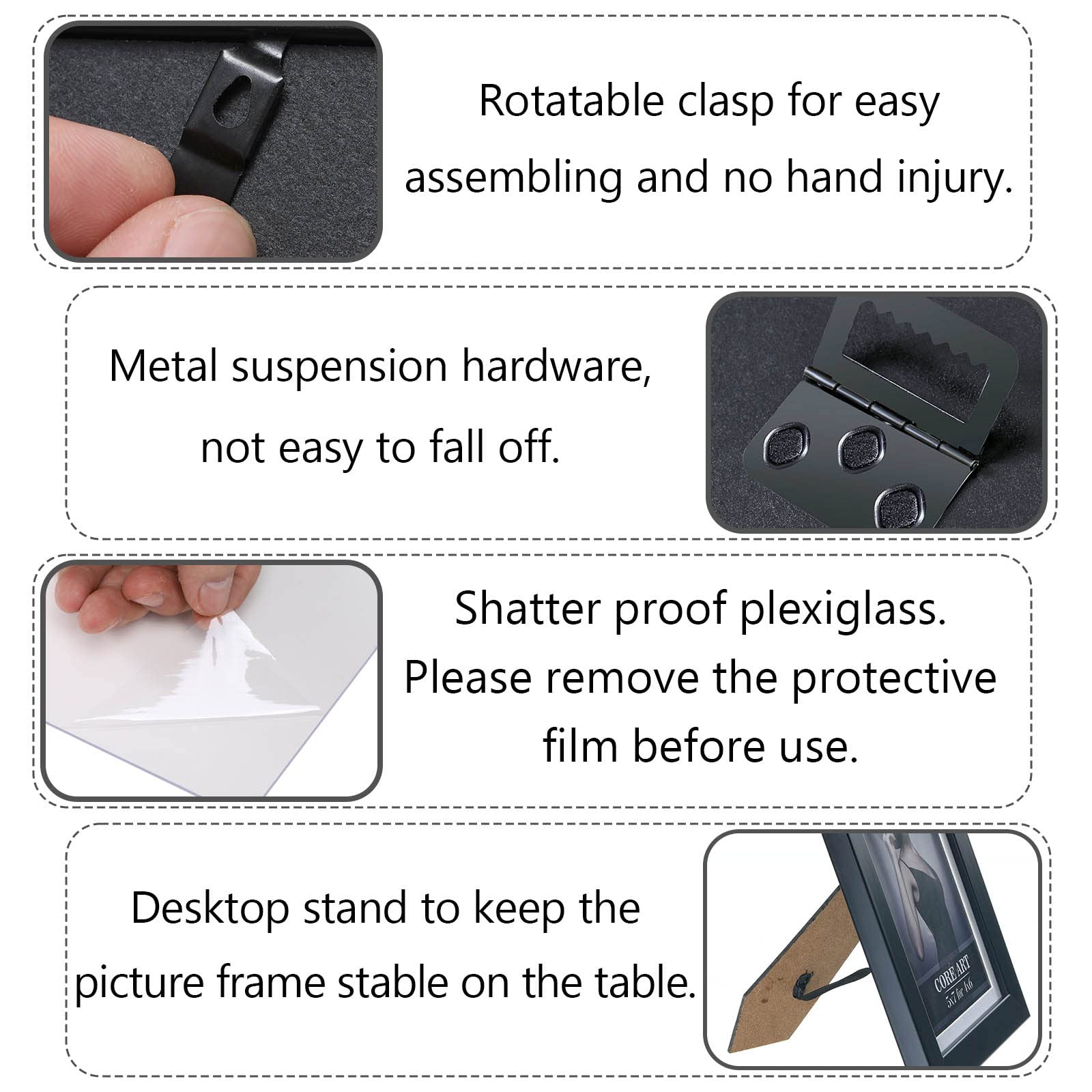 CORE ART 4x6 Black Picture Frame Set of 4,Display Pictures 3.5x5 with Mat or 4 x 6 without Mat,Multi Photo Frames Collage for Wa