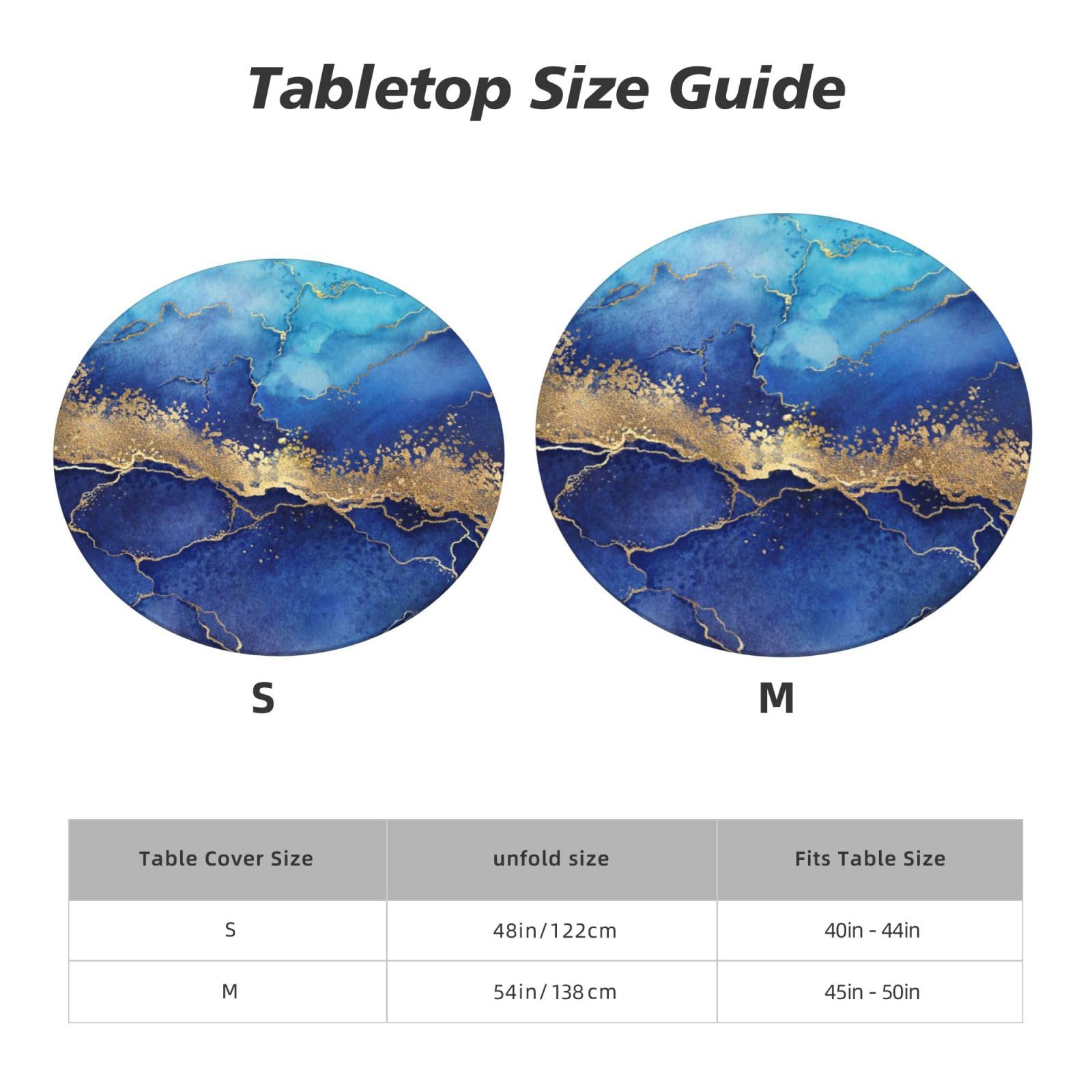 Fiokroo Blue Golden Marble Background Tablecloth With Elastic Edge, Round Table Cloth Washable Reusable Table Cover For Kitchen