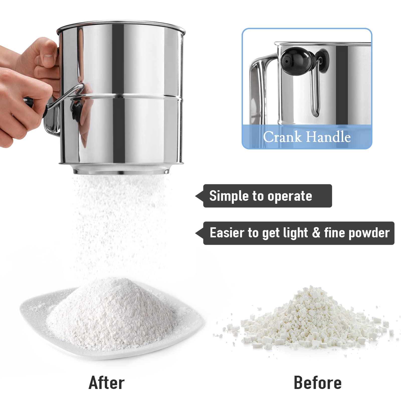 Piquebar Flour Sifter - 5 Cup Fine Mesh Hand Crank Sifter Stainless Steel With Agitator Wire Loop For Baking, Powdered Sugar Dus