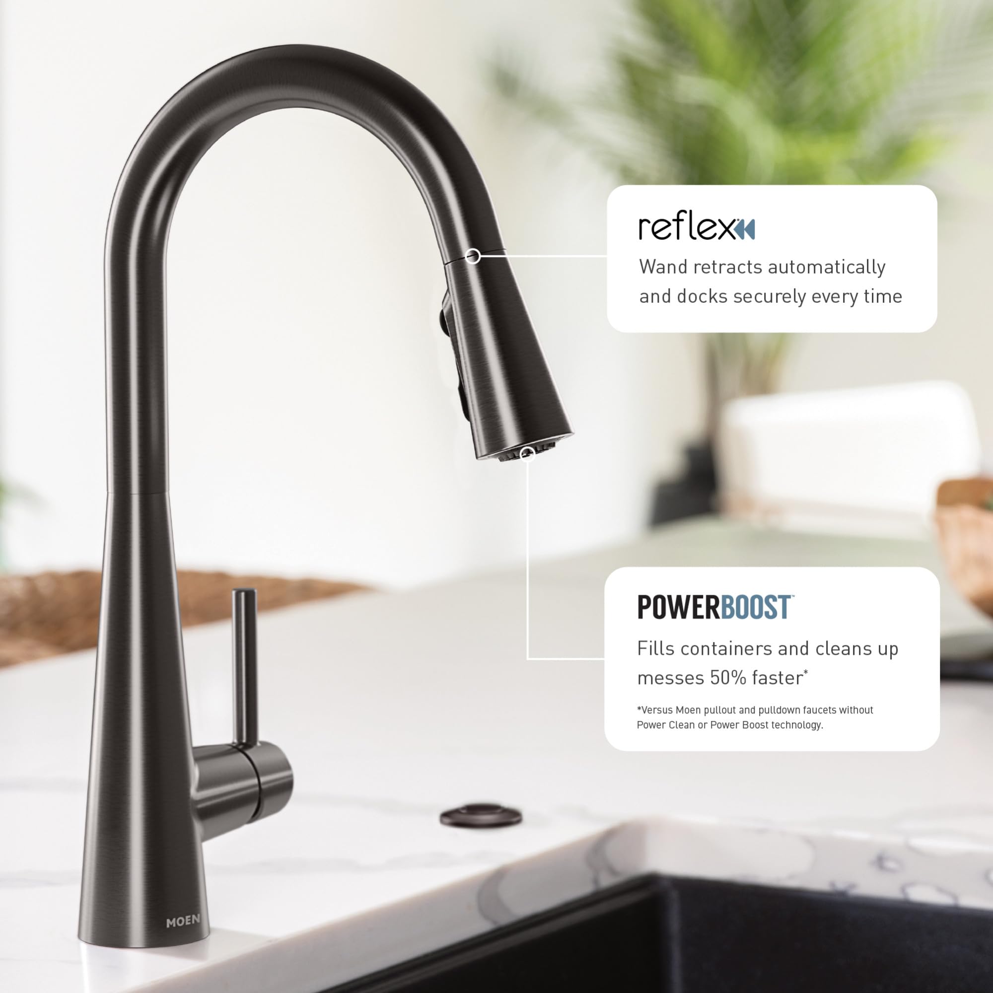 Moen Sleek Matte Black One Handle, Single-Hole Pulldown Kitchen Faucet With Powerboost Technology For Faster Water Flow, Moder K