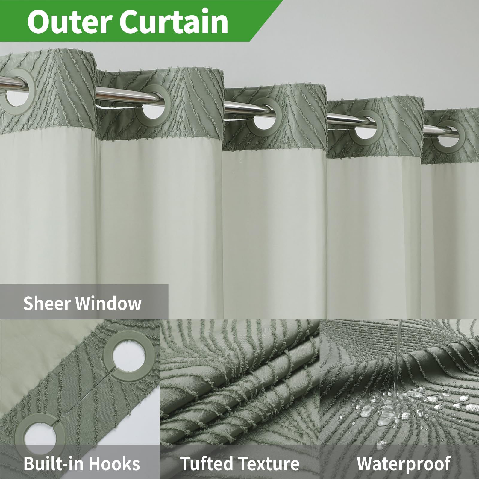 Eachope No Hook Shower Curtain And Liner Set,Boho Style With See Through Top Window, Sagegreen Fabric Tufted Striped Textured Ou