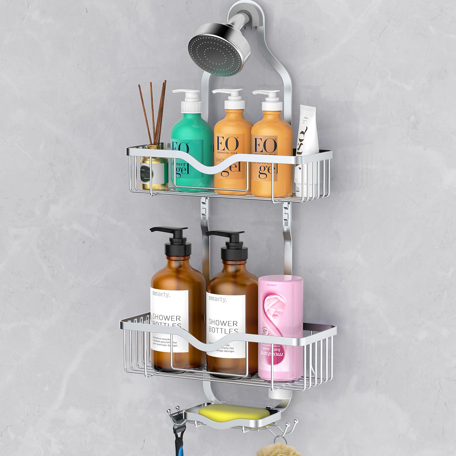 Kadolina Hanging Shower Caddy, Over Head Shower Caddy Shower Organizer Rack Basket With Soap Dish, Hooks For Razor And Sponge (B