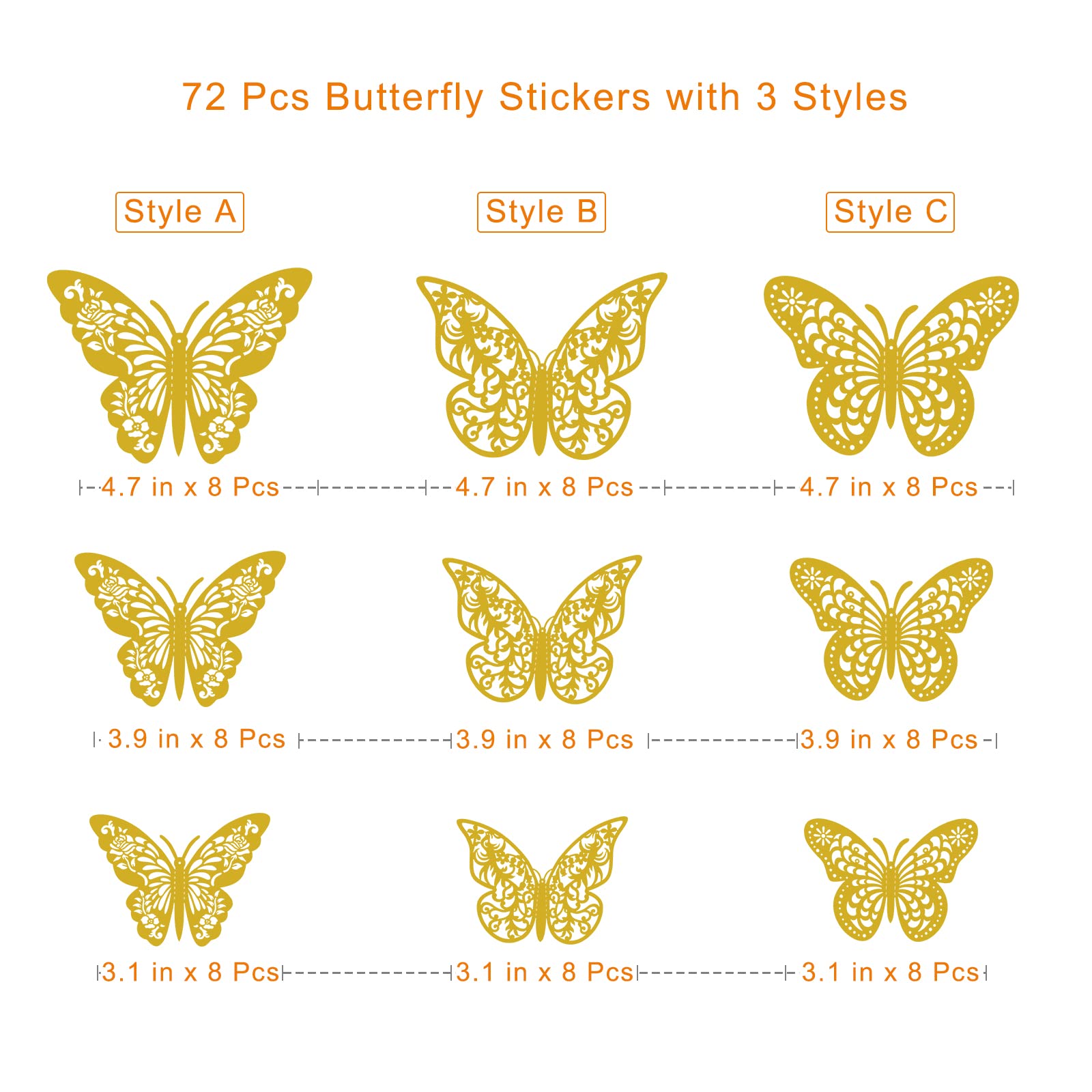 InsuWood 72Pcs 3D Butterfly Wall Decor  Gold Butterfly Decorations 3 Styles 3 Sizes  Butterfly Party Birthday Cake Decorations  Gold Butterfly Wall Stickers for Girls  Kids  Nursery  Wedding Decor