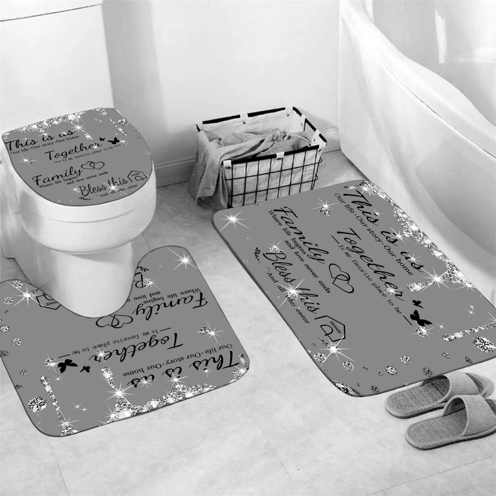 Azhm Sparkling Diamond Letter Printed Shower Curtain Set For Bathroom 4 Pcs Family Bathroom Accessory Decor Sets With Shower Cur