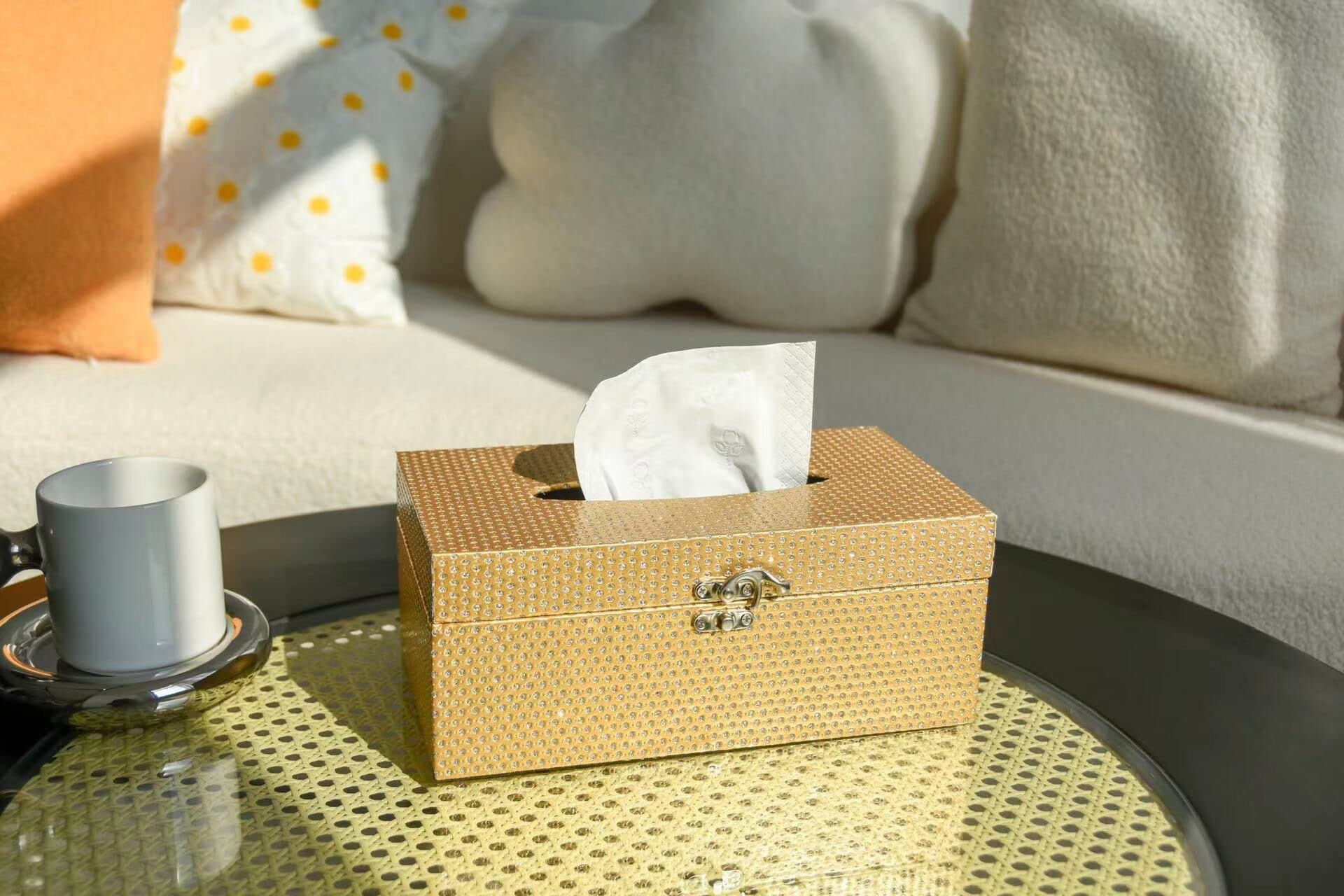Mode Home Gold Tissue Box Cover Rectangular, Decorative Tissue Box Holder With Lock For Bedroom, Living Room, Bathroom, Dryer Sh