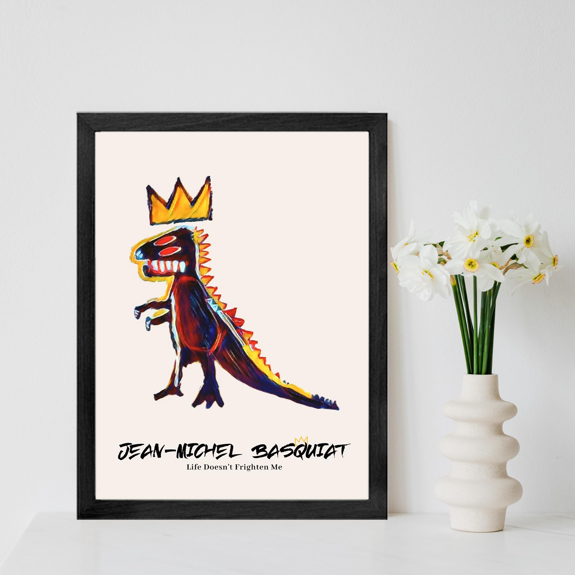 Framed Basquiat Wall Art  Basquiat Poster Jean Michel Basquiat Dinosaur King Animals Colorful Graffiti Canvas for Bedroom Living Room Decor Office(Black 8x10in)