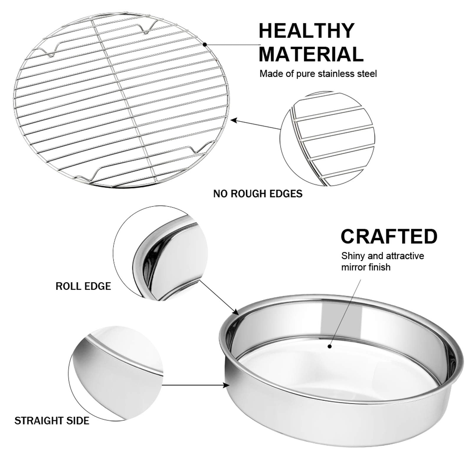 E-Far 8-Inch Round Cake Pan With Rack Set, Stainless Steel Cake Pans Tins And Baking Cooling Racks, Non Toxic & Healthy, Mirror
