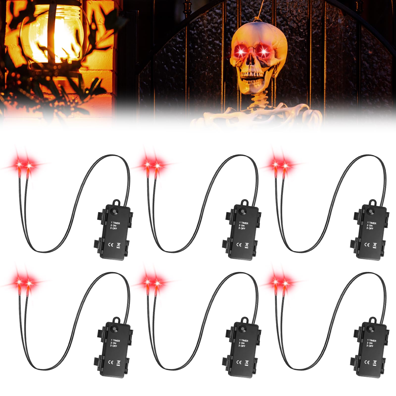 Mkway 6 Pcs Halloween Led Glowing Eyes with Timer, Light Up Eyes for Skeleton Horror DIY Masks Pumpkins Tombstones Props(Batteri
