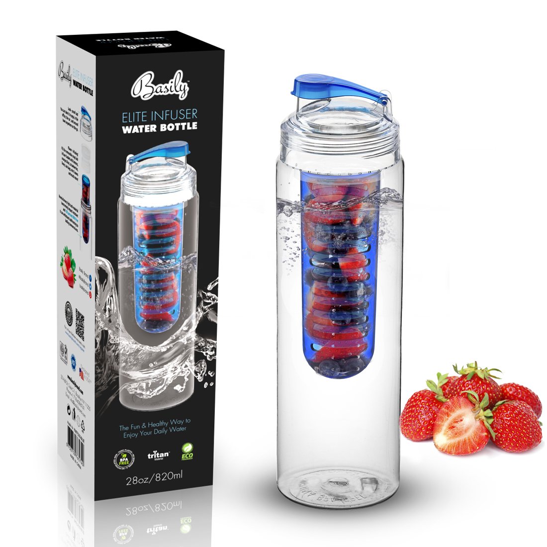 Basily Elite Infuser Water Bottle - 28 Ounce - Made With Commercial Grade Tritan - Plus Recipe Ebook Included (Blue), Blue