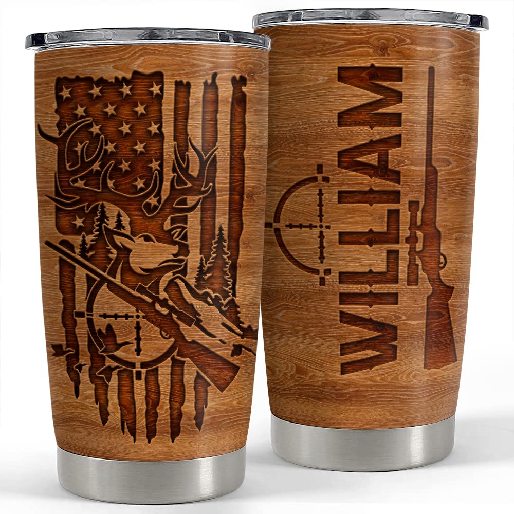 SANDJEST Personalized Hunting Tumbler Wood Style American Flag 20oz 30oz Tumblers with Lid Gift for Men Dad Best Friends Hunting