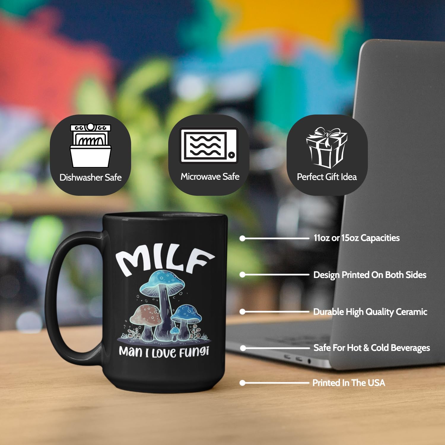 Creator's Cove Mushroom Mug Milf Man I Love Fungi Mug Black Coffee Milf Cup, Gifts For Mushroom Lovers For Women Wife Girlfriend