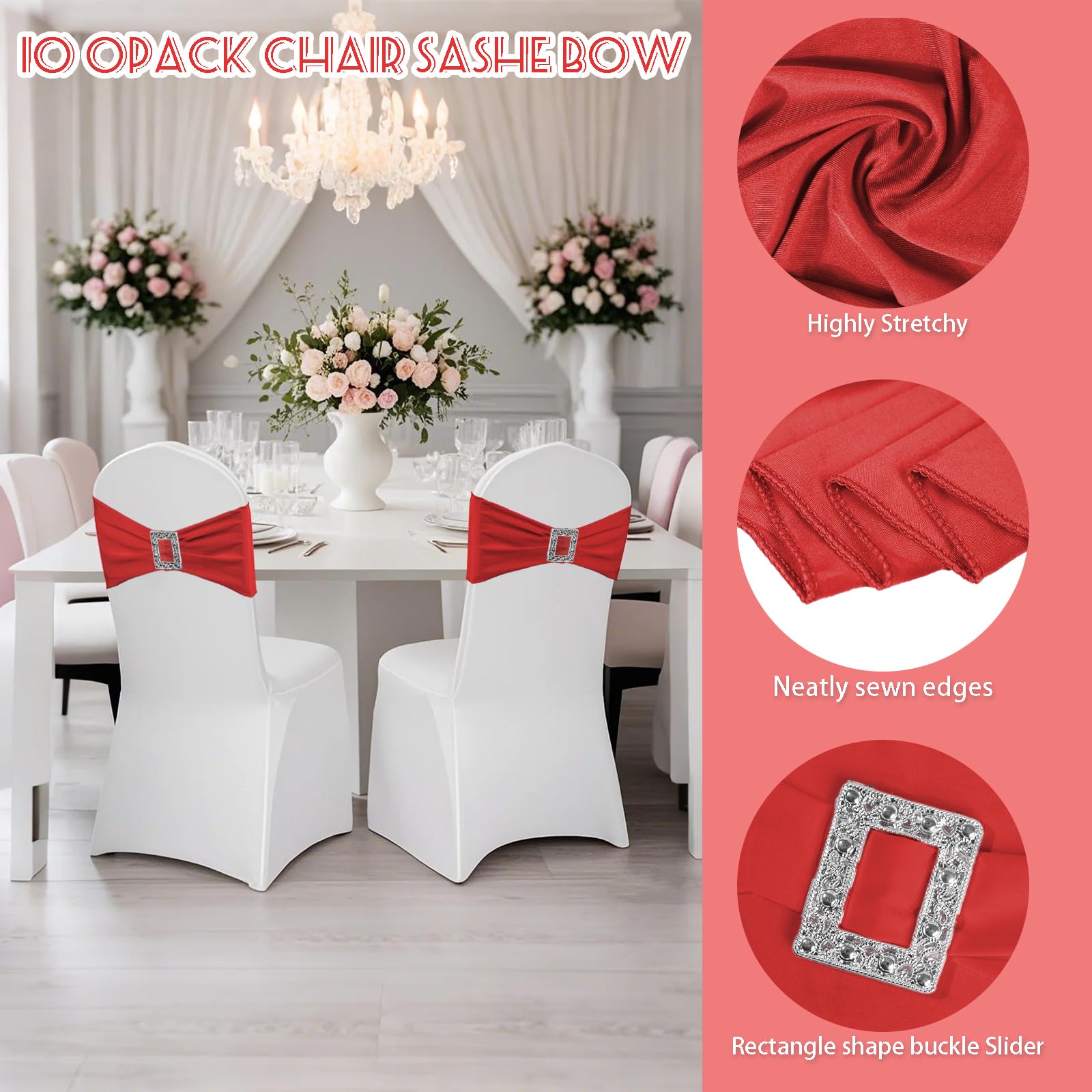 PWDAN 100 Pack Spandex Stretch Red Chair Sashes Bows, Elastic Chair Cover Bands Ties with Buckle Slider for Wedding Party Banque