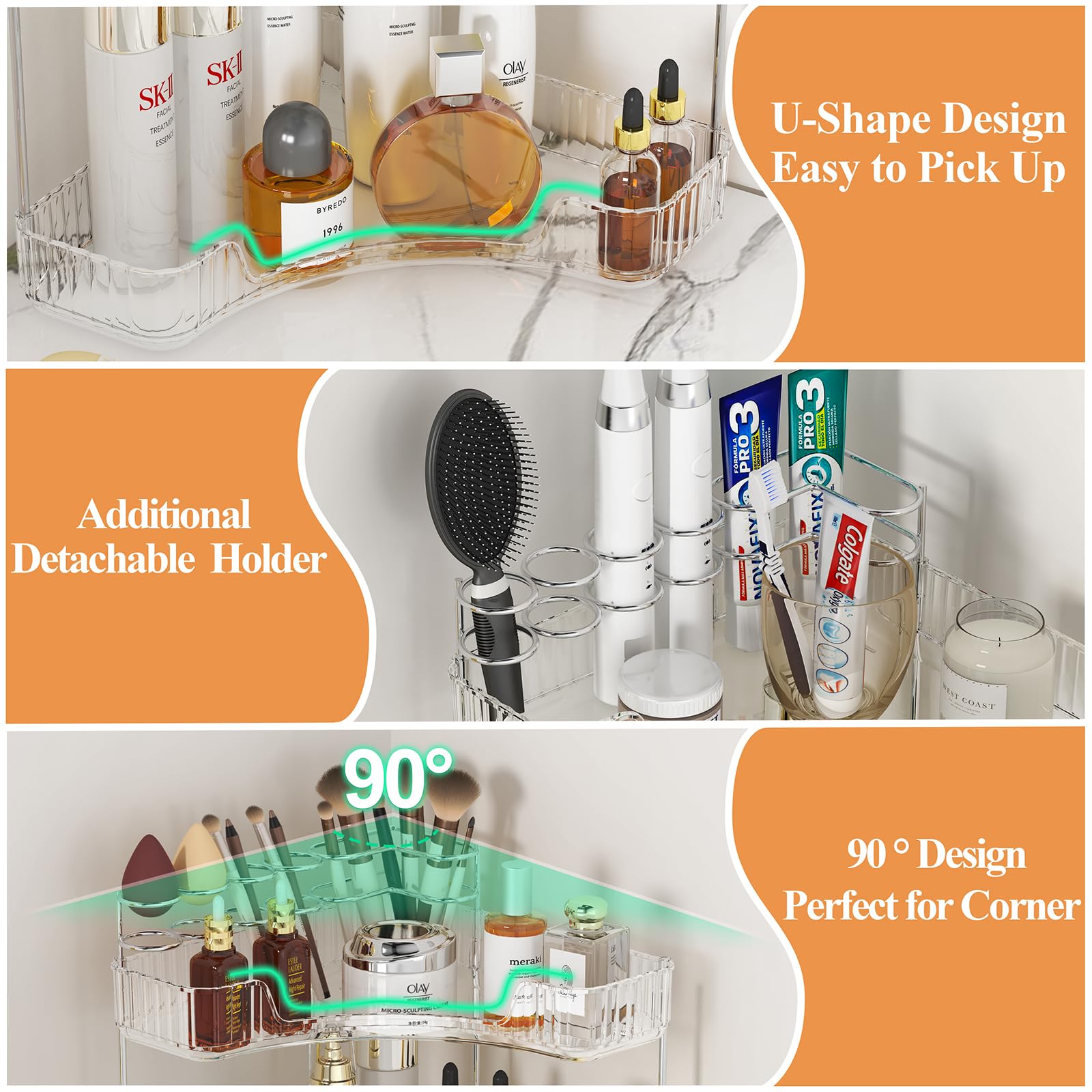 Sunzos Bathroom Counter Organizer, 2-Tier Corner Bathroom Organizer Countertop With Makeup Brush Holder, Vanity Makeup Cosmetic
