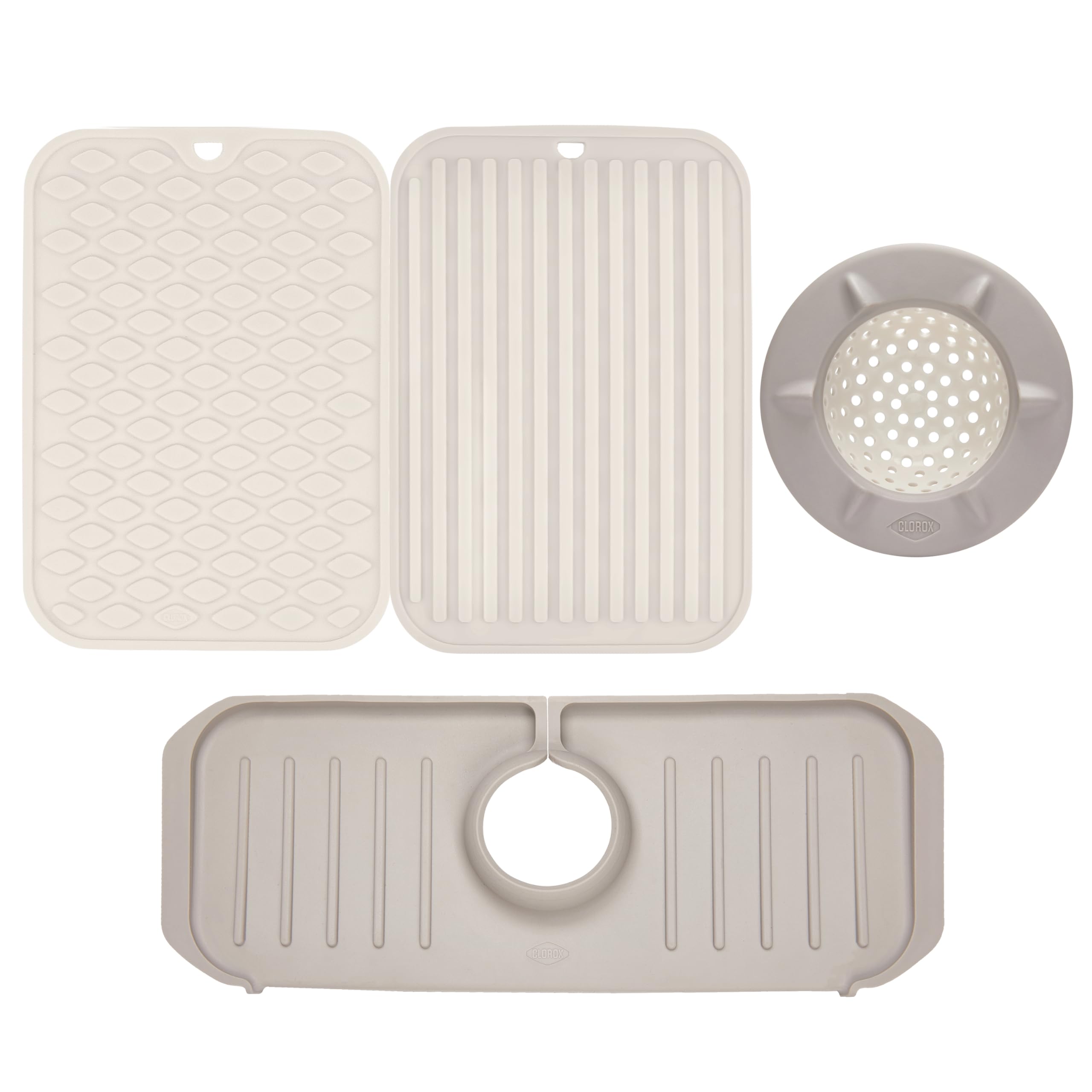 Clorox KeptClean 4Piece Kitchen Sink Set with Two Interlocking NonSlip Dish Drying Mats, SelfDraining Faucet Guard and Waterf