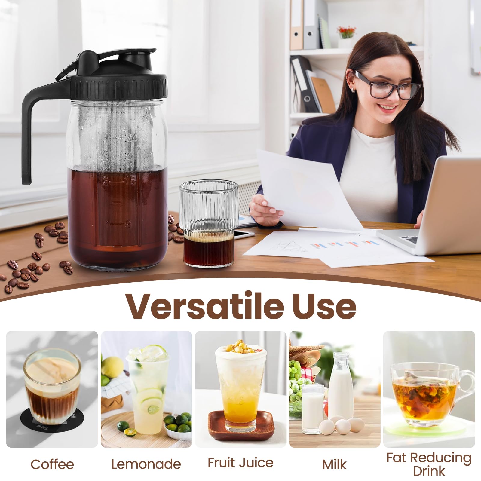 QHH Cold Brew Coffee Maker, 64 oz Gray Mason Jar Pitcher with Stainless Steel Filter, Airtight & Leak-Proof Design