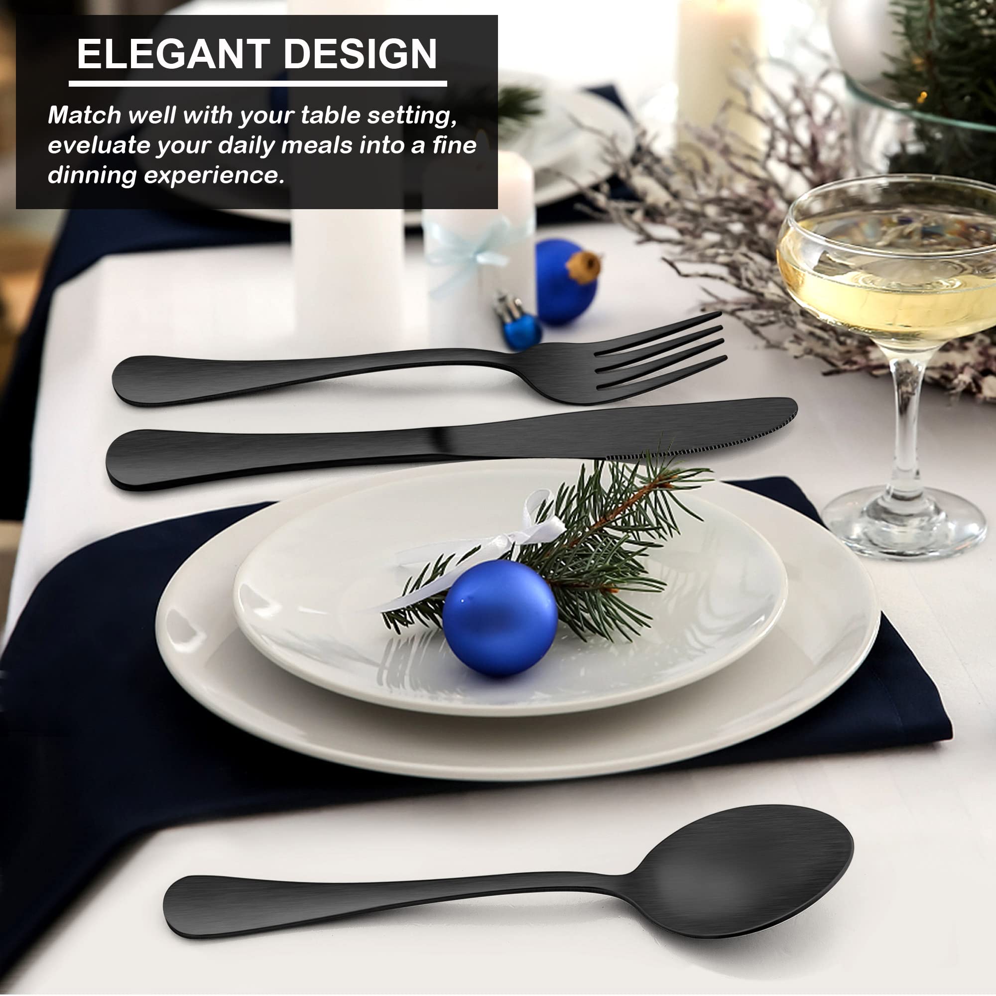 Lianyu 16-Piece Matte Black Forks And Spoons Silverware Set, 8 Dinner Forks And 8 Teaspoons, Stainless Steel Black Flatware Cutl