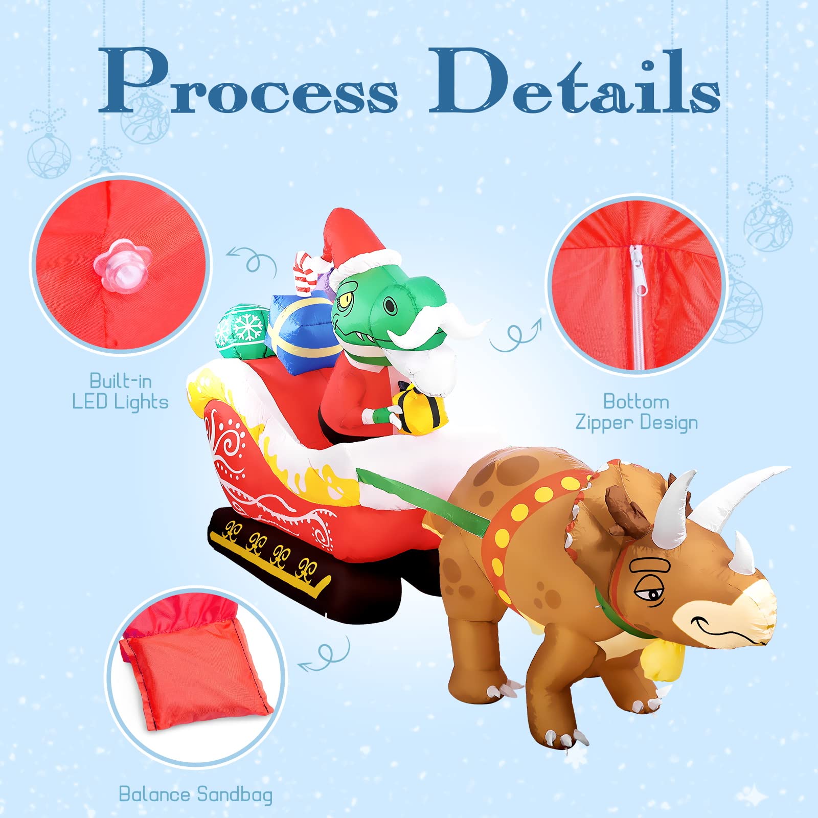 WBHome 10 Ft Long Christmas Inflatable Dinosaur on Sleigh with Triceratops Outdoor Decorations, Xmas Blow Up Yard Decor with Bui