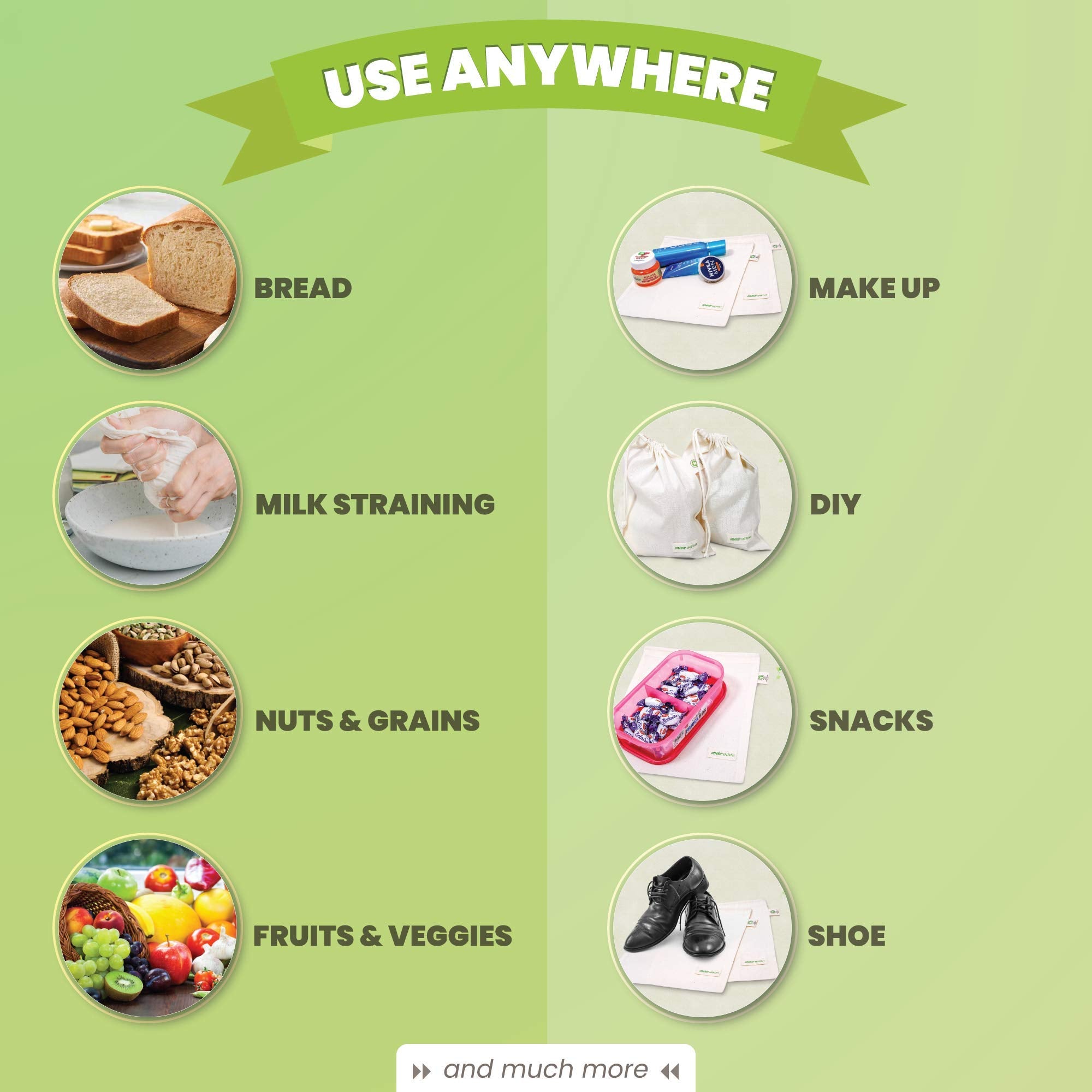 Amour Infini Reusable Organic Cotton Grocery Bags |Biodegradable,Safe,Washable Produce Bags With Tare Weight & Drawstrings|Set O