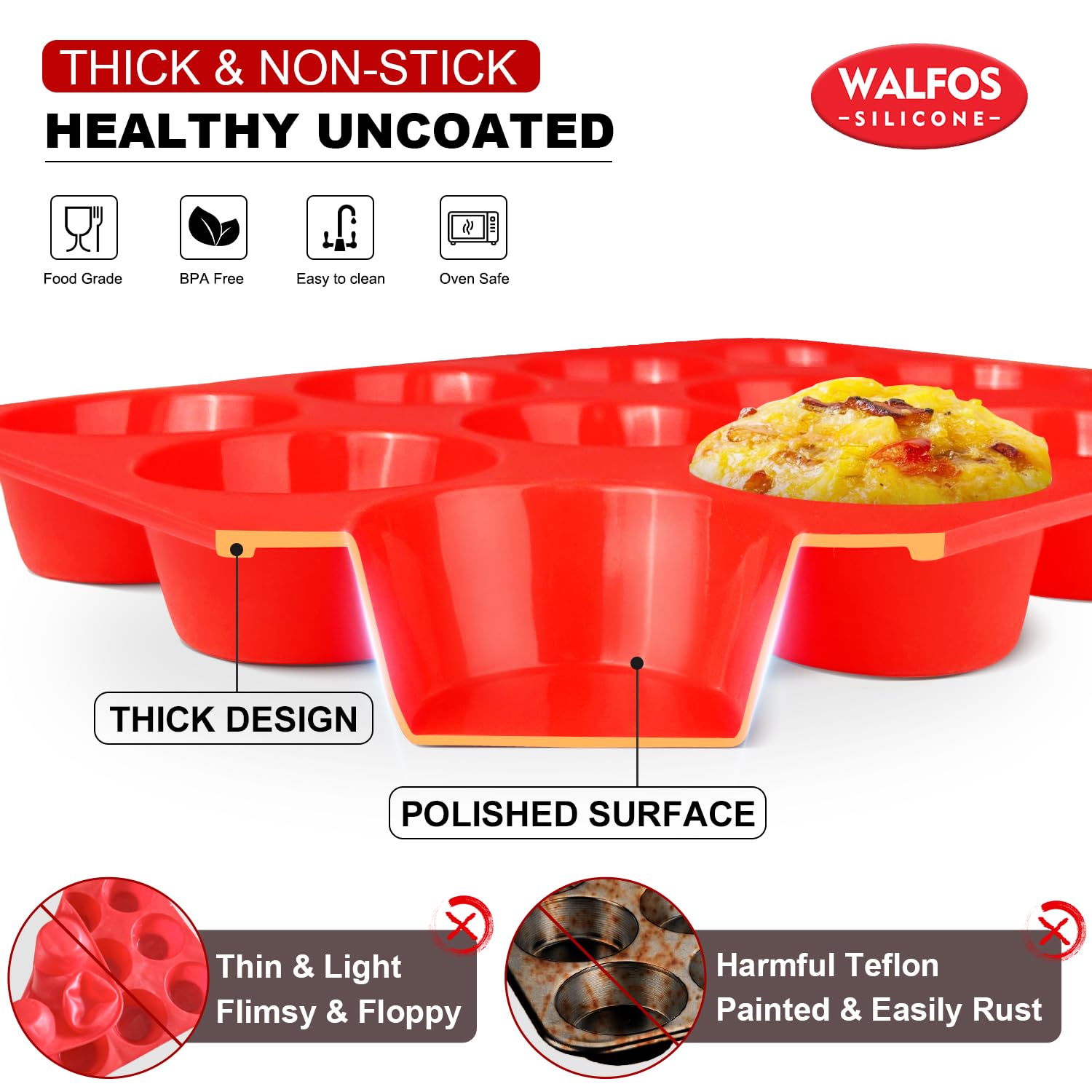 Walfos Silicone Muffin Pan - 12 Cups Regular Silicone Cupcake Pan, Non-Stick Silicone Great For Making Muffin Cakes, Tart, Bread