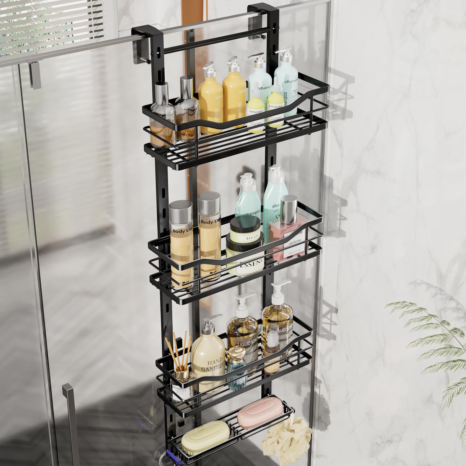 SWTYMIKI Over the Door Shower Caddy - 4 Tier Adjustable Shower Organizer Hanging with Soap Holder, No Drilling Stainless Steel B