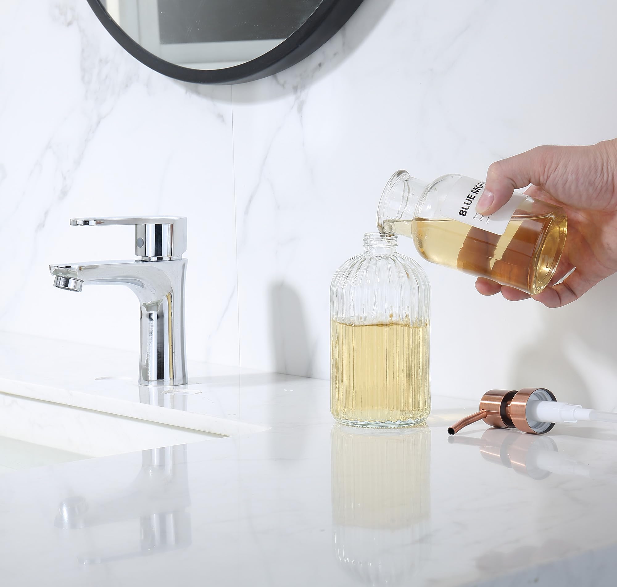 Leetcp Copper Glass Soap Dispenser With Rust Proof Metal Pump,16Oz Vintage Soap Dispenser,Clear Glass Dish Soap Dispenser For Ba