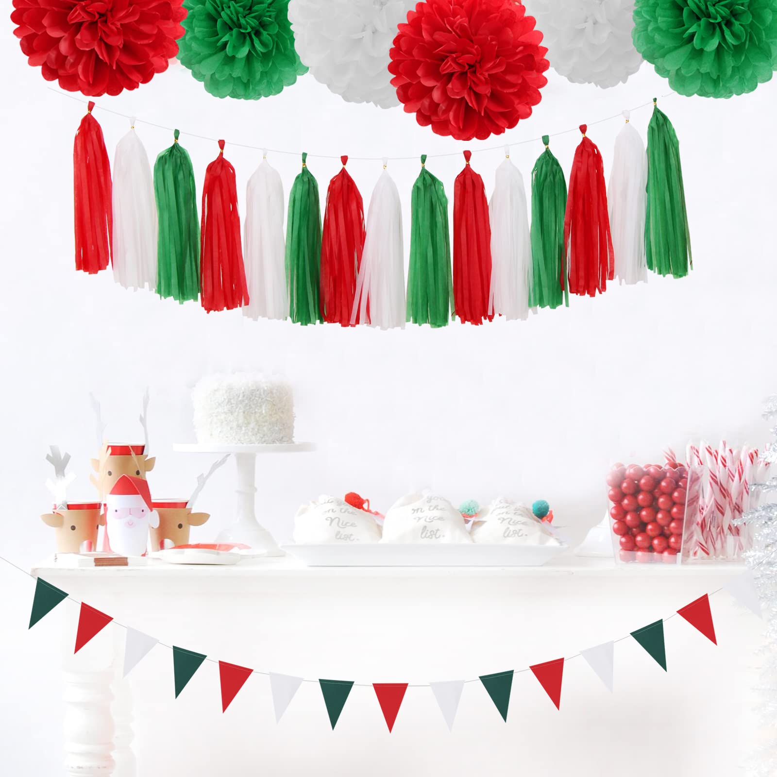 Red-Green White Christmas Party-Decorations Tassel-Garland -15pcs Mexico Italy Tassels Banner Streamers,Mexican Italian Birthday
