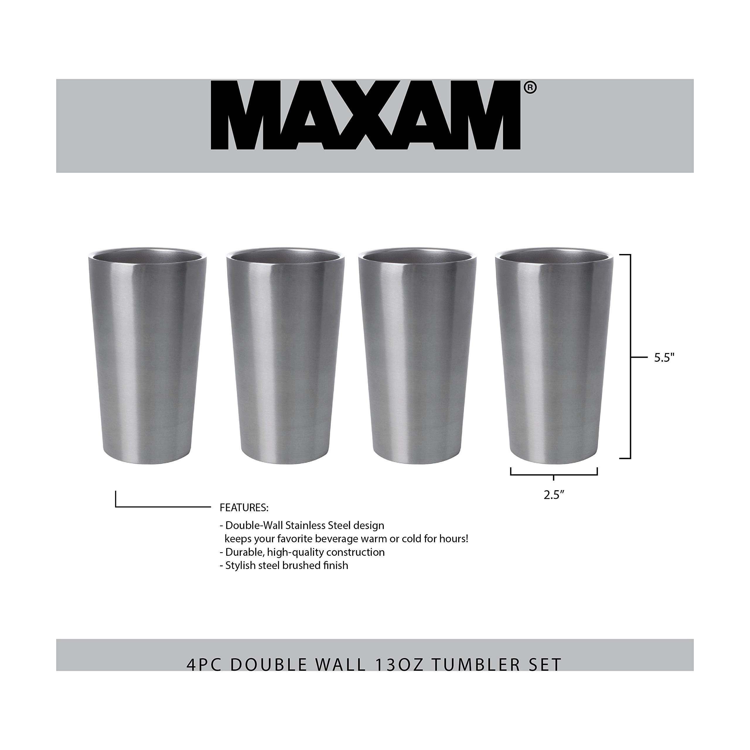 Maxam Kitchen Utensil 4 Piece Double Wall Stainless Steel Tumbler Set, 13 Oz, Silver