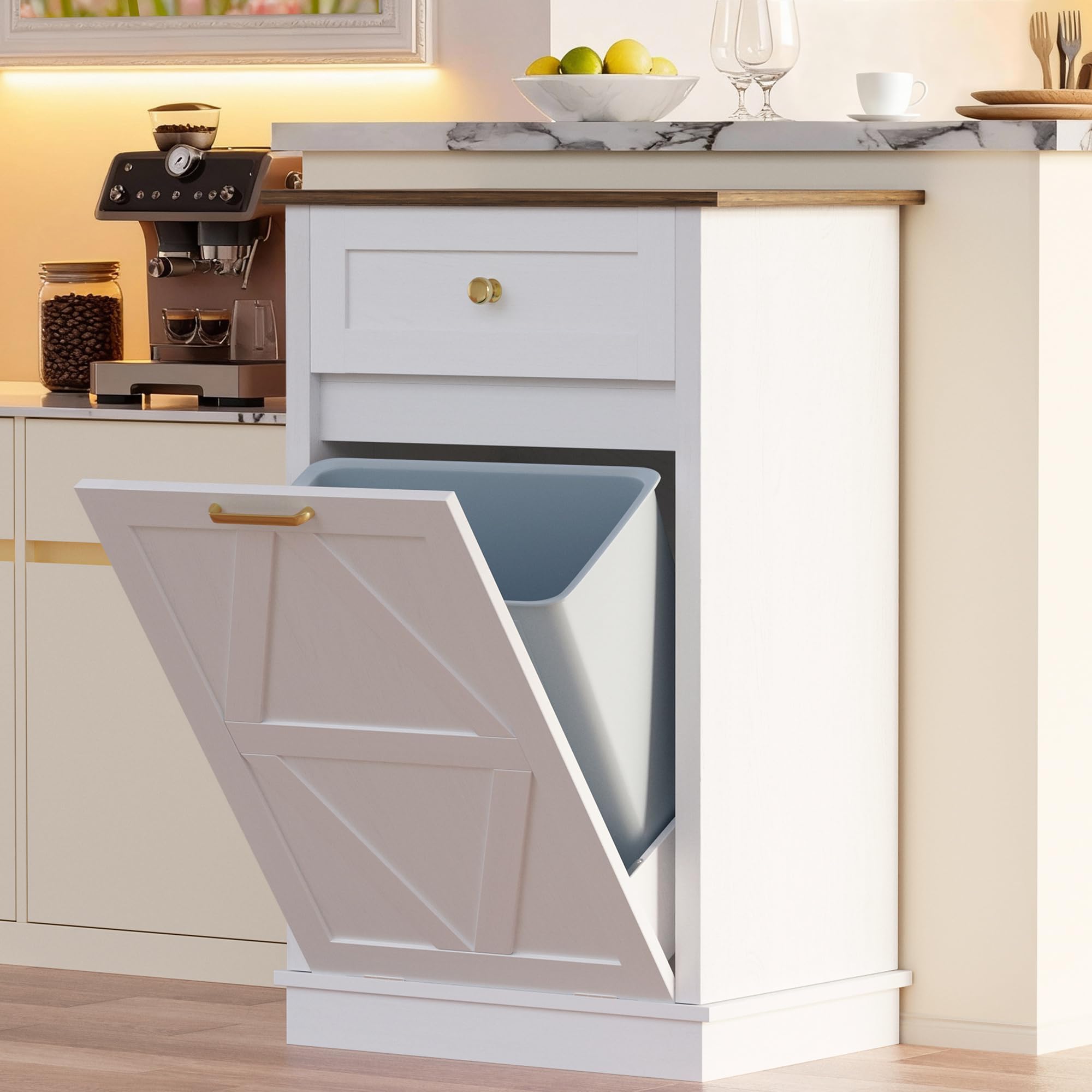 YESHOMY Tilt Out Trash Cabinet,10 Gallon Hidden Wooden Bin Cabinets, Laundry Hamper with Drawers, for Kitchen, Dining Room, Whit