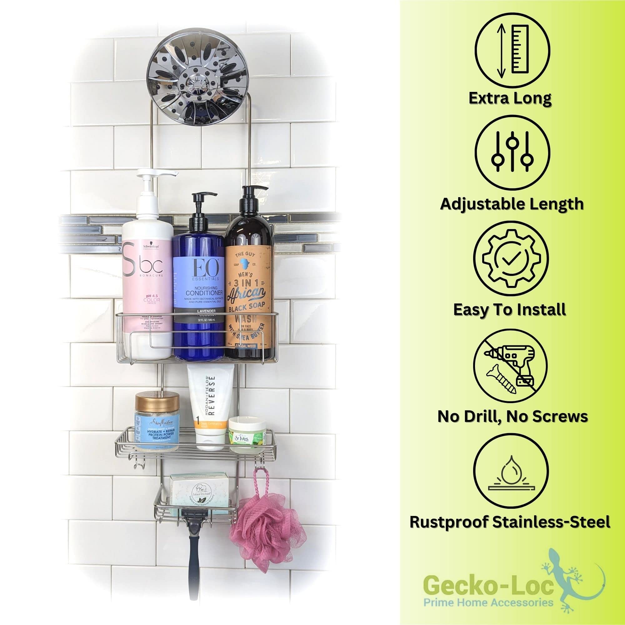 Gecko-Loc Extra Long Adjustable Length Deep Shelf Over The Showerhead Hanging Shower Caddy Organizer - Bathroom Caddies Storage