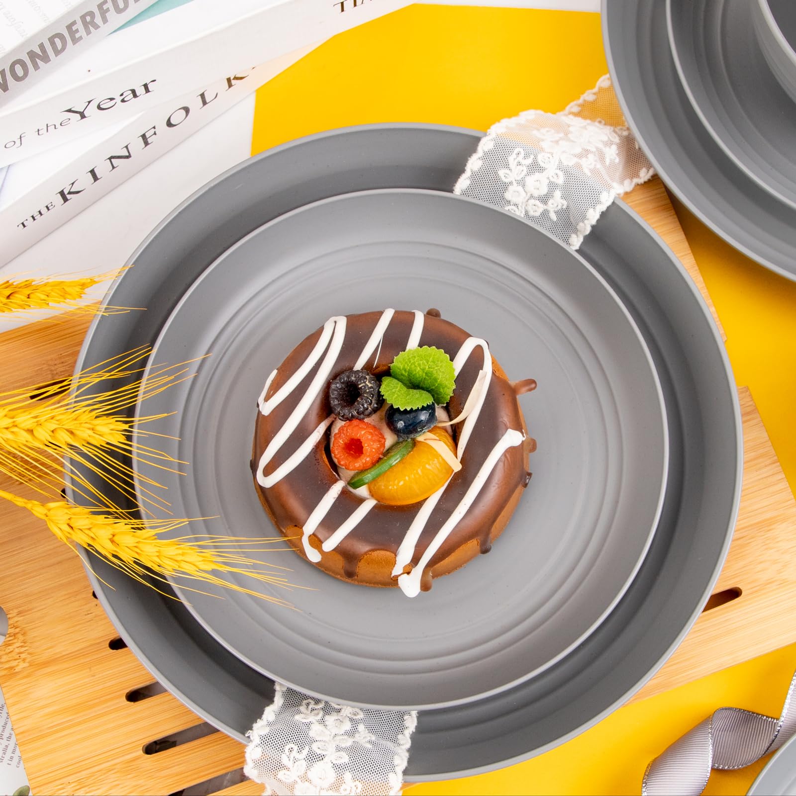 Liyh 48Pcs Grey Straw Dinnerware Set, Plates And Bowls Set, Camping Dish Set For 12, Plastic Dinnerware Set, Dishwasher Safe Din