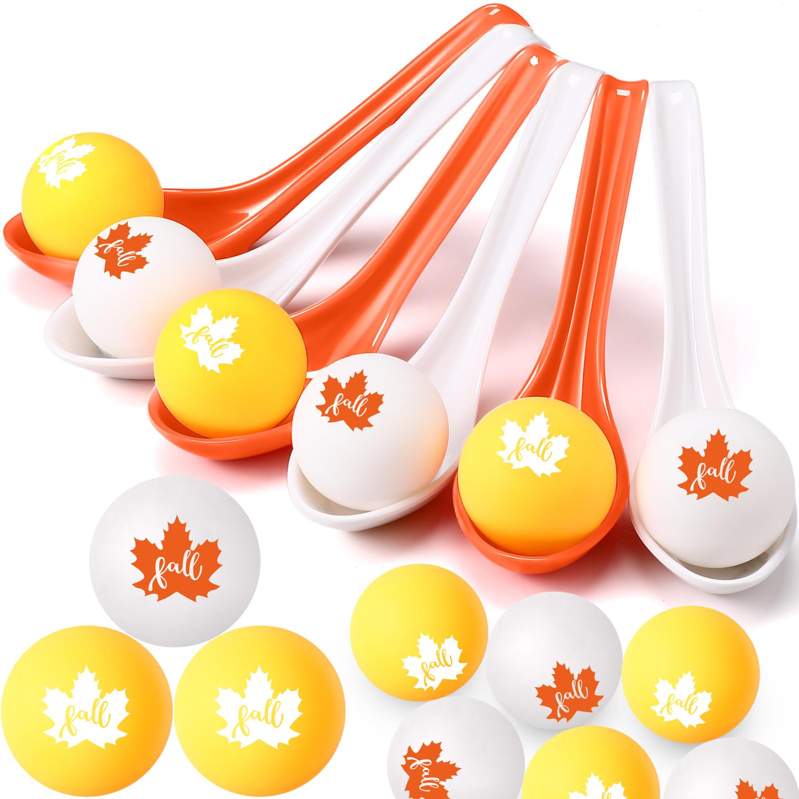 JellyArch 48 Pcs Autumn Thanksgiving Party Game Spoon Relay Race Toy Set, Pumpkin Maple Leaves Fall Themed Ball and Spoon Race G
