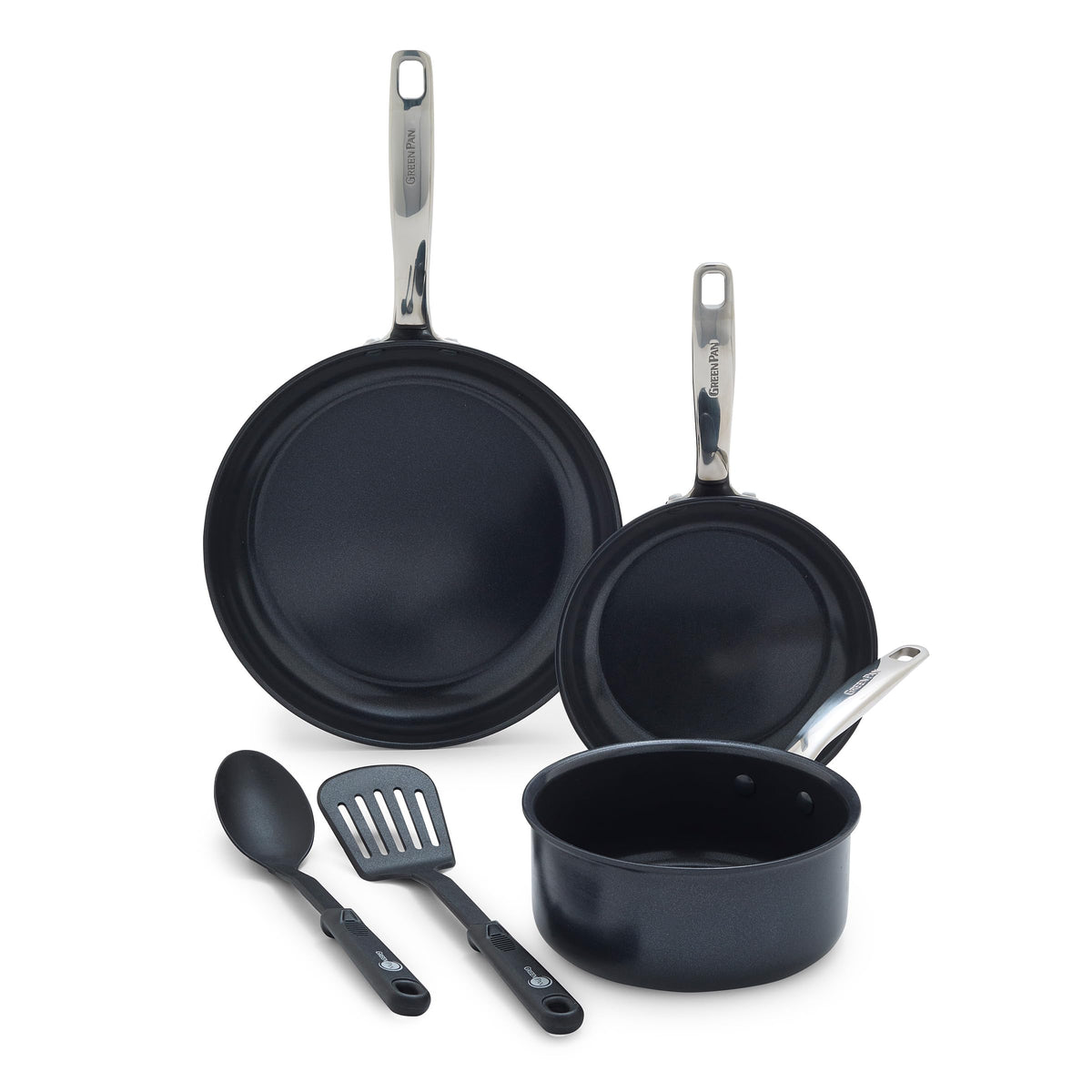 Greenpan Chatham Prime Midnight Hard Anodized Healthy Ceramic Nonstick, 5 Piece Cookware Pots And Pans Set, Mixed Cooking Utensi