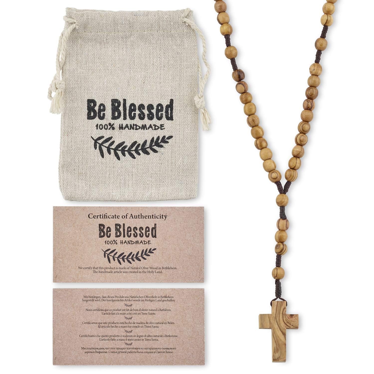 Bethlehem Certified Wooden Rosary from Olive Wood - Our Father Christian Catholic Wooden Prayer Beads in Cotton Rosary Pouch and