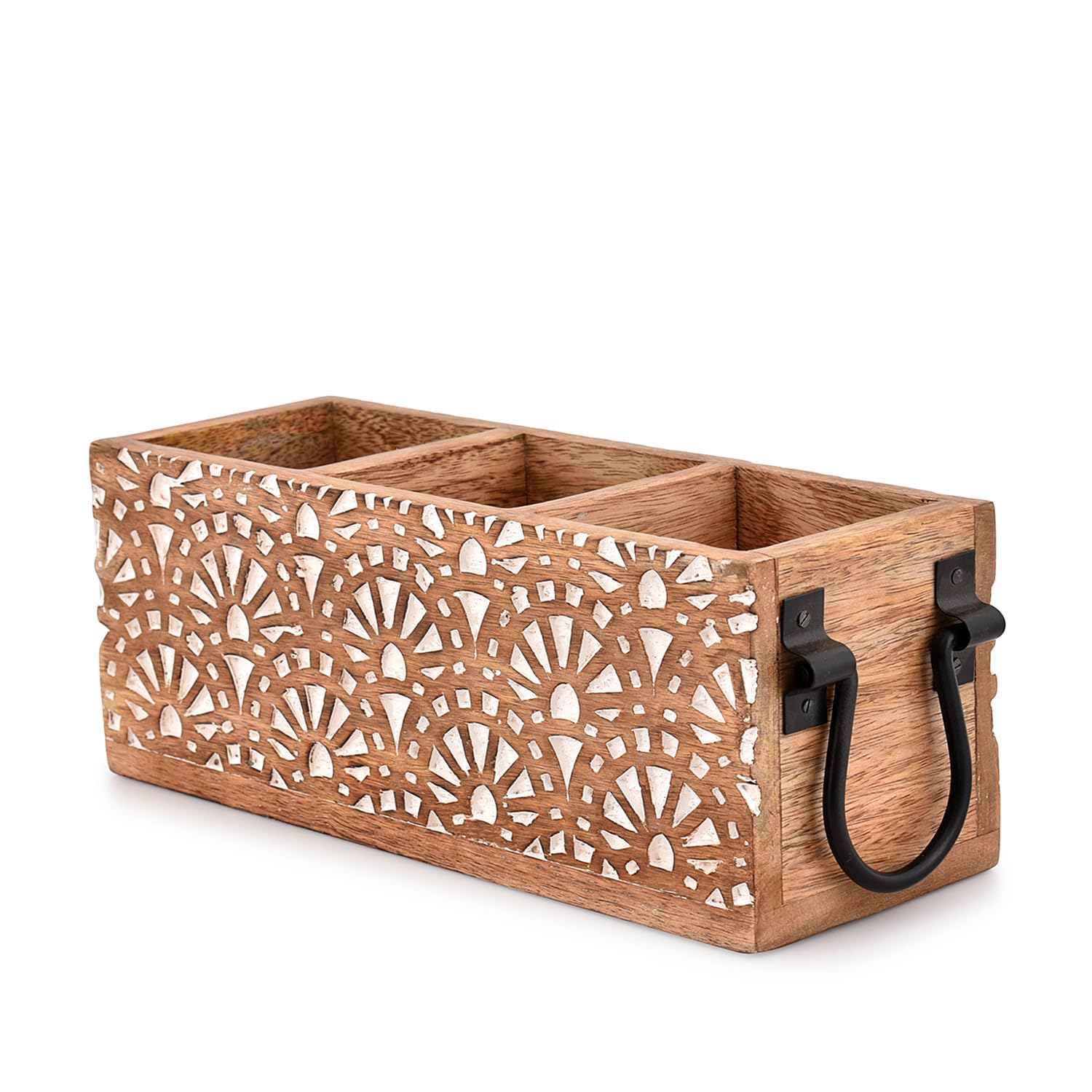 Nirman Mango Wood 3 Compartment Multi Purpose Utensil Cutlery Racks For Cutlery, Napkins, Cups Caddy Organizer (11'' X 4'' X 4.5