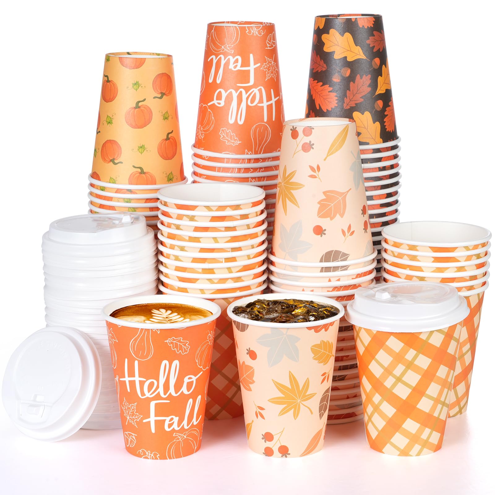 100Pcs 12Oz Fall Disposable Coffee Cups with Lids, Disposable Thanksgiving Cups for Hot Cold Coffee Maple Leaves Pumpkin Paper D