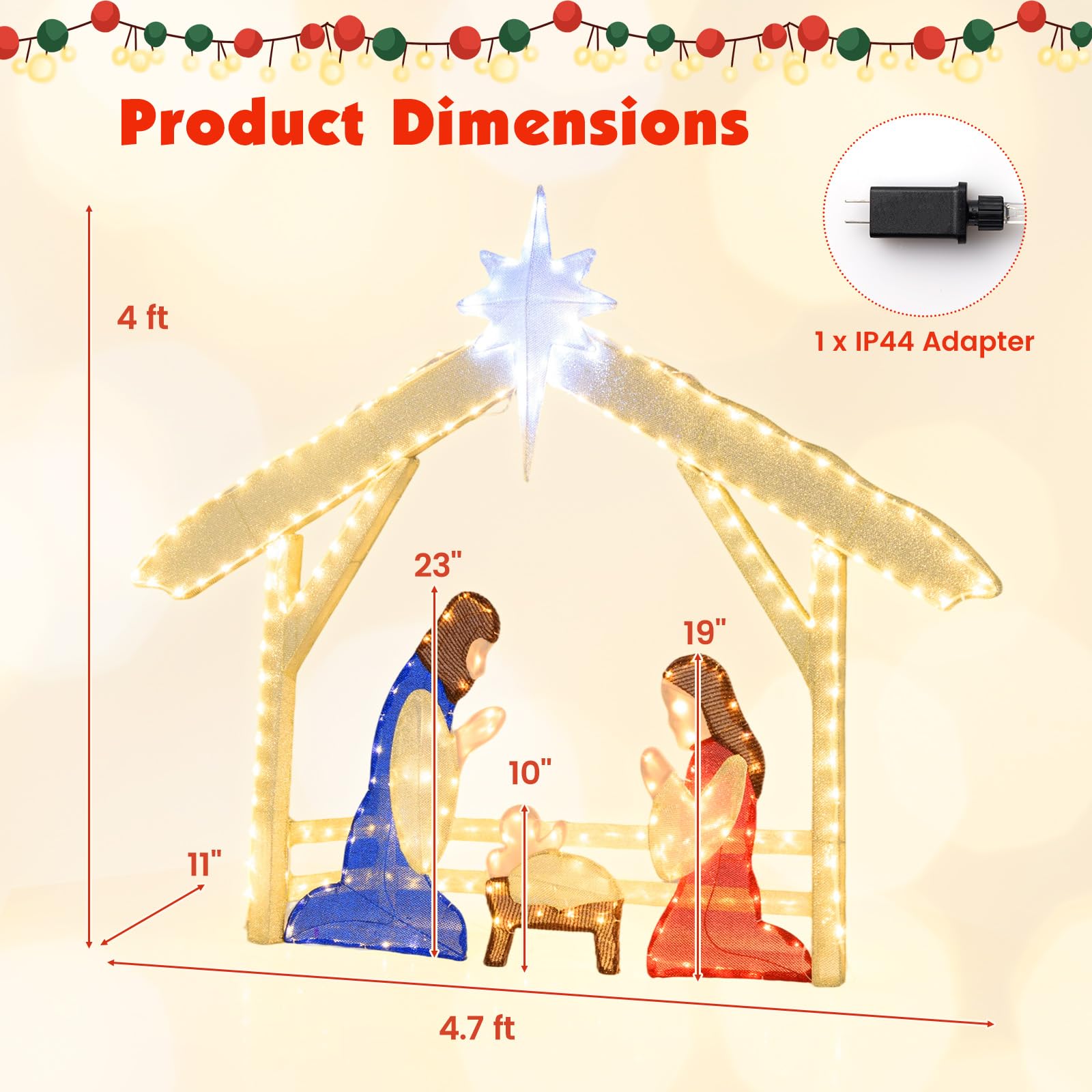 Tangkula 4.7 FT Christmas Lighted Nativity Scene Set, Xmas Pre-lit Holy Family Set with Zip Ties & Ground Stakes, Christmas Holi