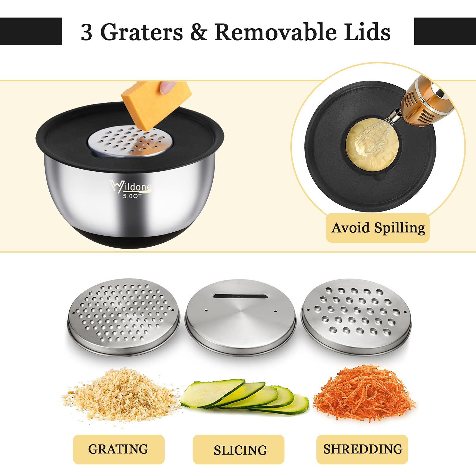 Wildone Mixing Bowls with Airtight Lids  22 PCS Stainless Steel Mixing Bowls Set  3 Grater Attachments  Measurement Marks & Non-Slip Bottom  Size 5  4  3  2 1.5  0.63QT  Ideal for Mixing & Prepping