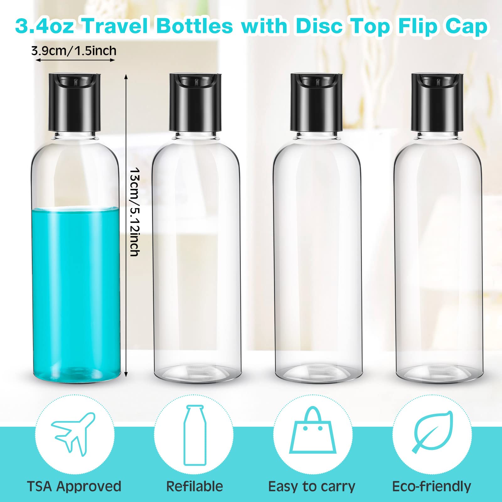 Roshtia 100 Pcs 3.4 Oz Plastic Bottles Toiletries Empty Travel Size Bottles Containers Leak Proof Squeeze Bottles Refillable Tra