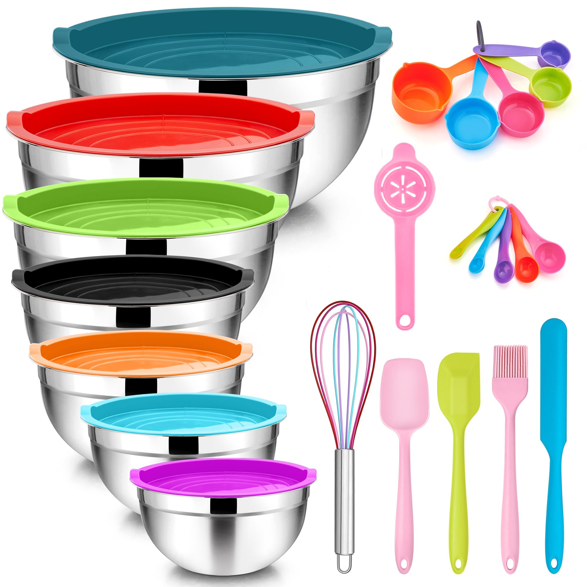 Teamfar Mixing Bowls With Lids Set Of 7, Stainless Steel Nesting Mixing Bowls Set With 16 Pcs Kitchen Utensils For Prepping Mixi