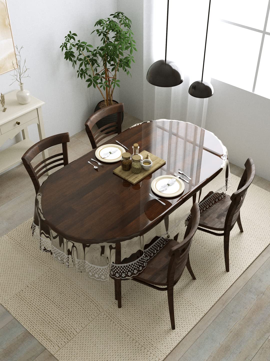 Clasiko Polyvinyl Chloride 4 Seater Oval Dining Table Cover; 54X78 Inches Or 137X198 Cms; Material  Pvc; Anti Slip; Silver Tipp