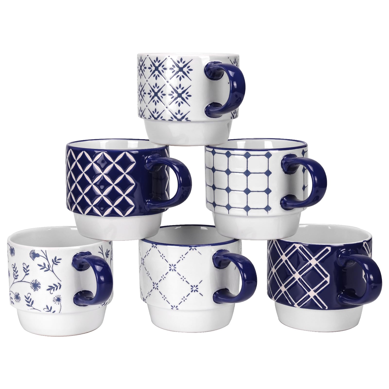 Schliersee 12 OZ Stackable Ceramic Coffee Mugs set of 6, Geometric Floral Pattern Small Mug, Blue White Porcelain Coffee Mug, St