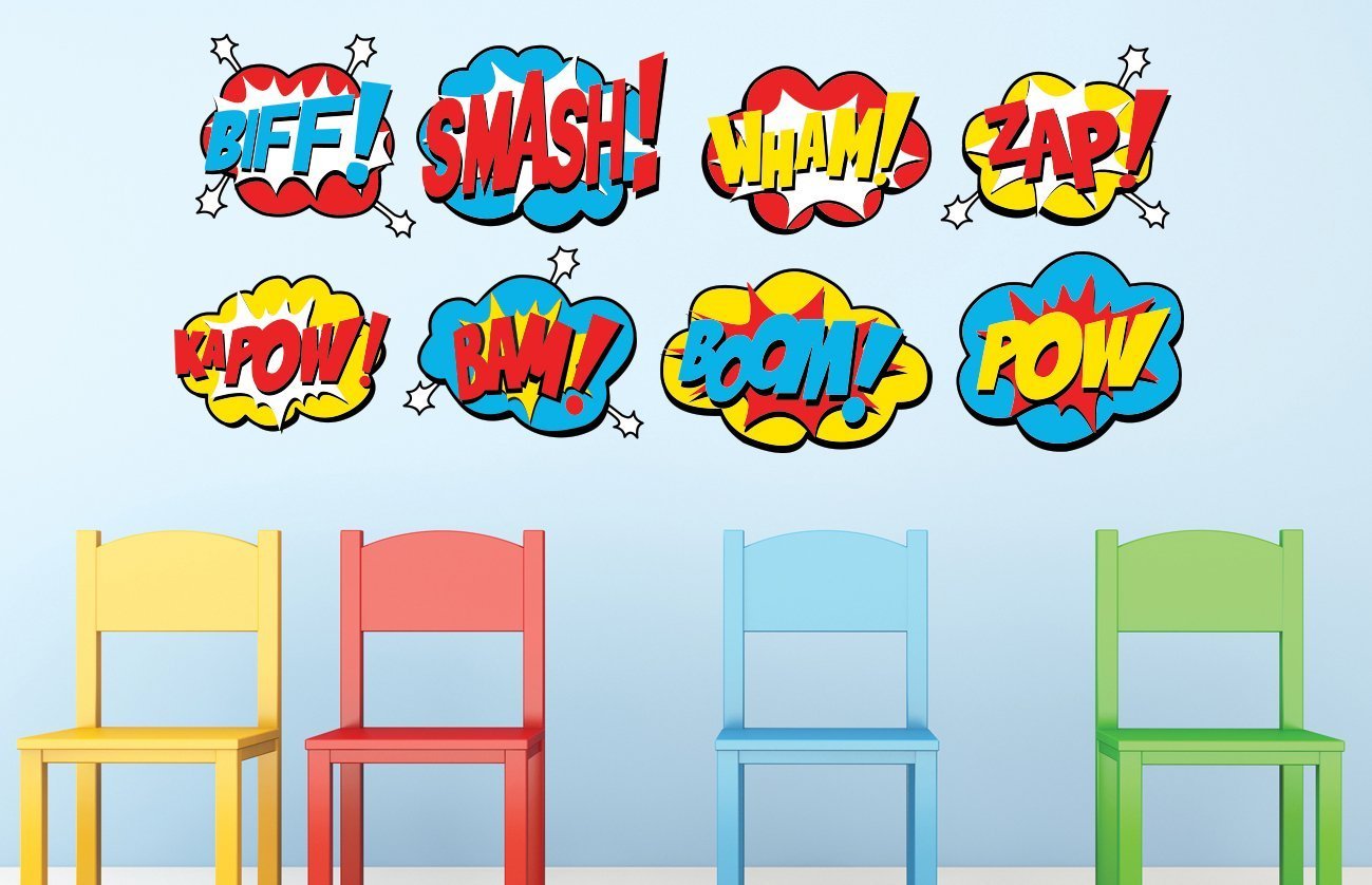 'Superhero Fabric Wall Decals, Set Of 8 Comic Book Word Bursts, Pow, Boom, Smash, Wham And More, Size Small''