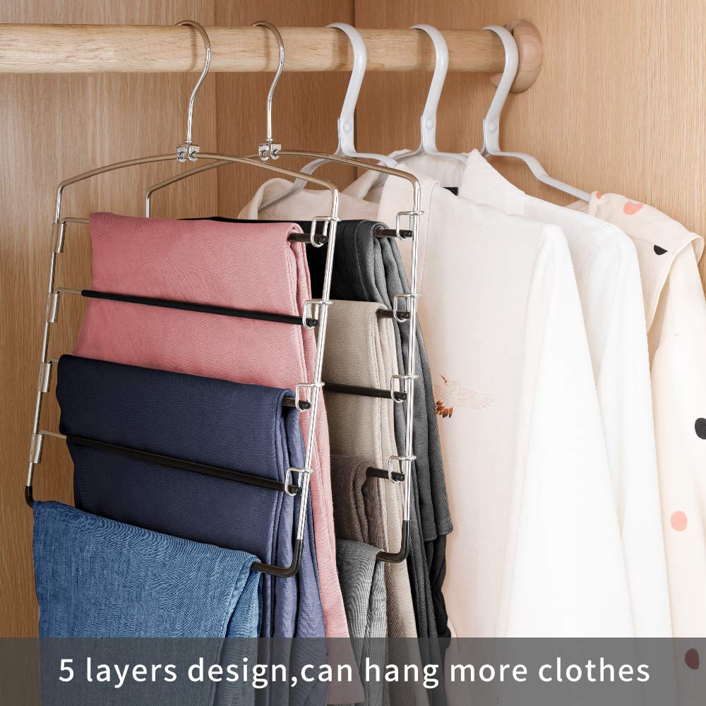Feerahozer Pants Hangers Non Slip 6 Pack Space Saving Hangers Multi-Layer Swing Arm Pants Hanger Stainless Steel Space Saver Han