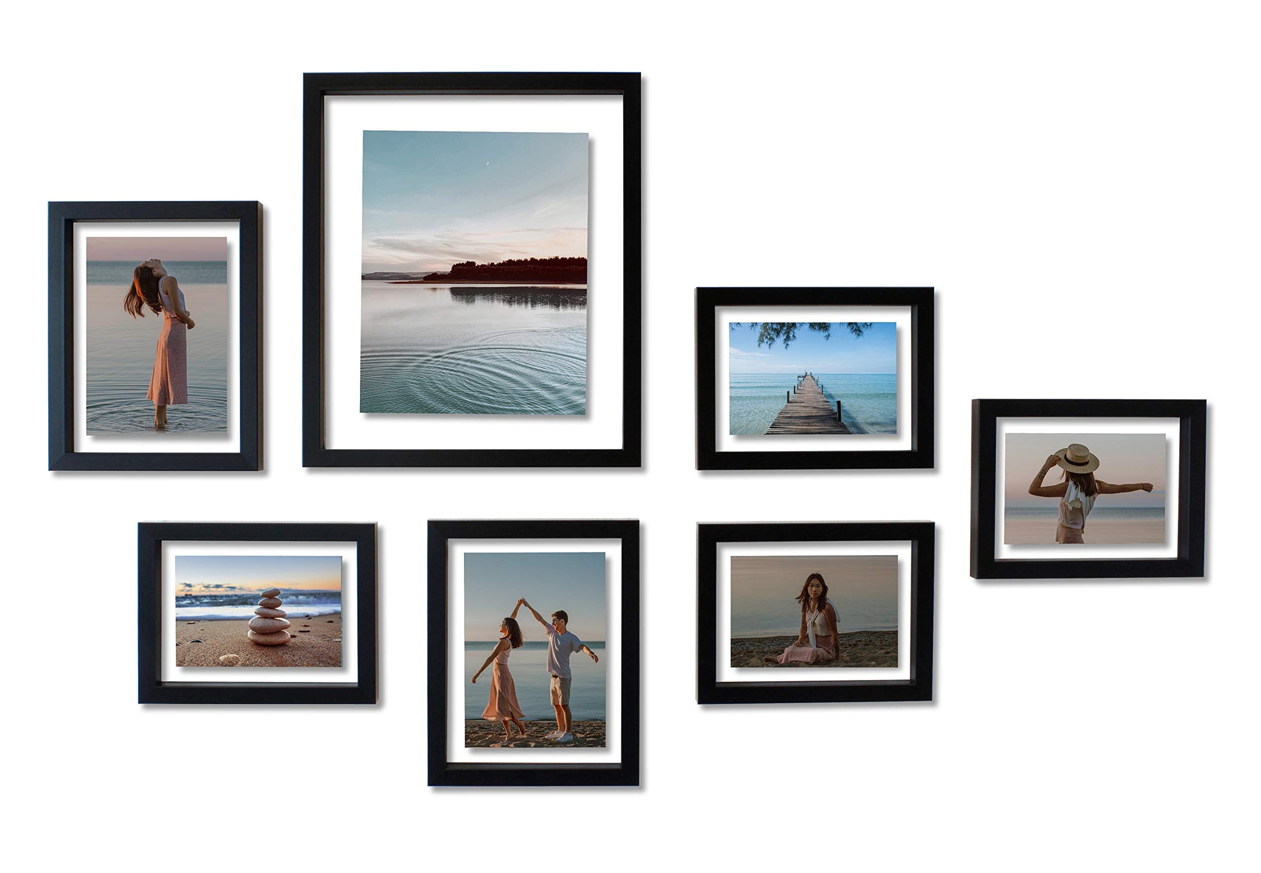 Mimosa Moments Gallery Wall Frame Set For Floating Pictures, Good For One 8X10, Two 5X7 And Four 4X6 Photos (Black, Set Of 7)