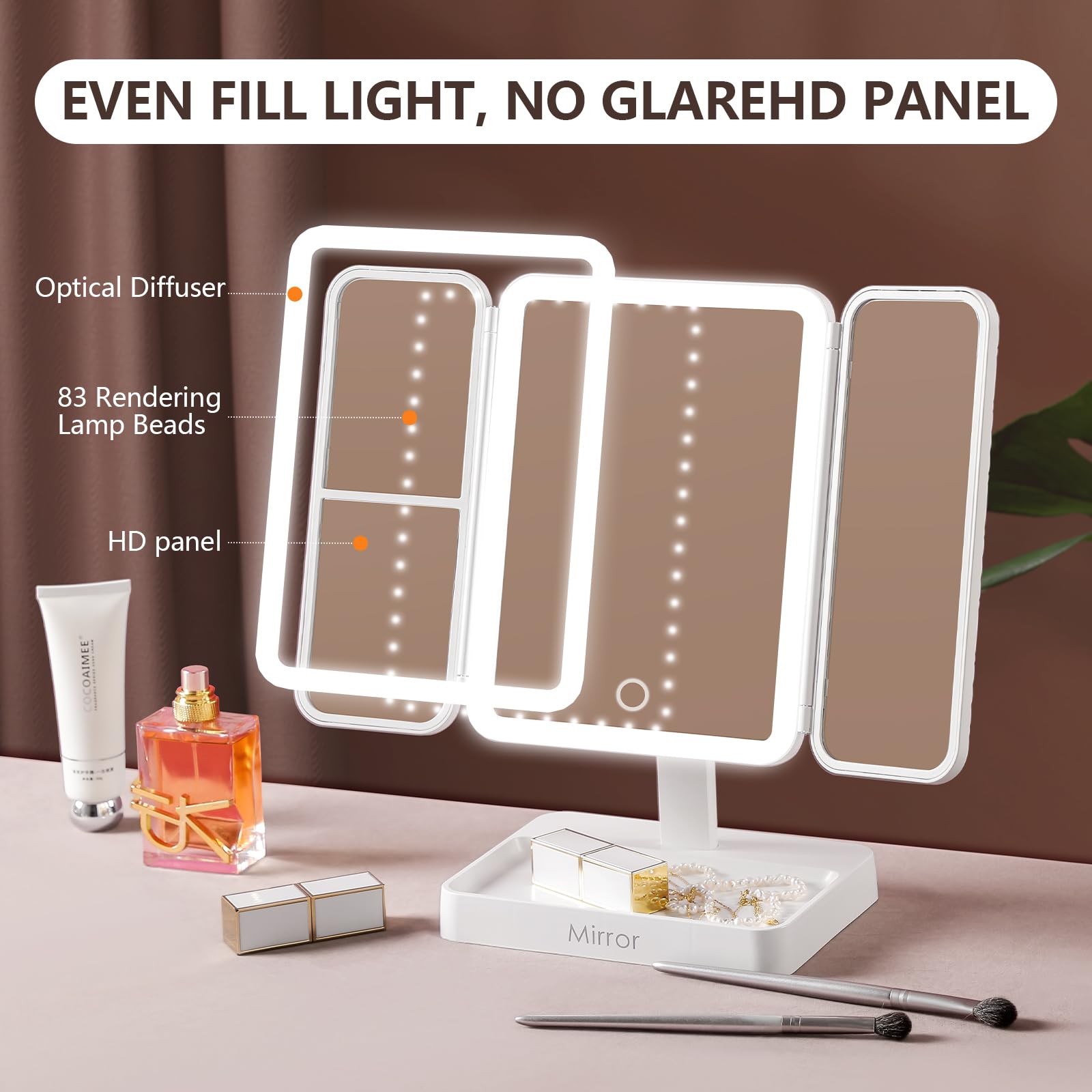 Makeup Mirror Vanity With Lights, 83 Leds, 360-Degree Uniform Fill Light, 3-Color Lighting, Touch Control, Trifold Makeup Mirror