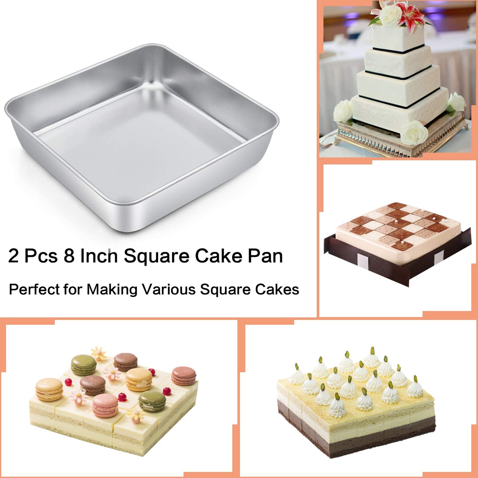 Teamfar Square Cake Pan With Lid(2 Pans & 2 Lids), 8 Inch Stainless Steel Square Baking Pan Cake Brownie Pan With Lid For Meal P