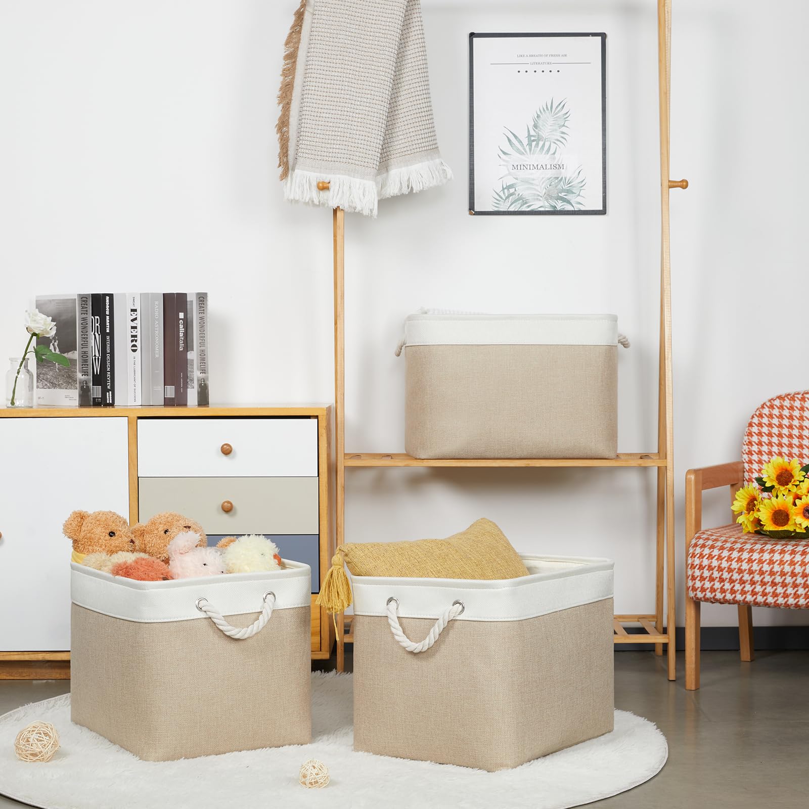 Bidtakay Large Storage Baskets For Organizing Fabric Closet Organizers Storage Bins With Handles 3-Pack 16X11.8X11.8 Inch Collap