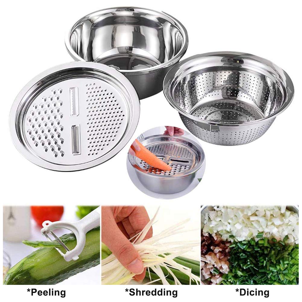 Stainless Steel Kitchen Basin Drain Basket Colander Set 3 In 1 Multifunctional Fruit Vegetable Julienne Grater Strainer Fine Mes